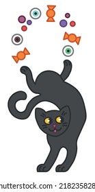 Cartoon vector illustration of smiling black cat with yellow eyes juggling candy. Fun Halloween spooky drawing for print, poster, banner, invitation card, advertisement