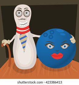 Cartoon vector illustration of a smiling  bowling pin going to a date with his loving ball.