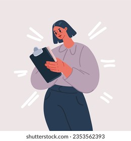 Cartoon vector illustration of Smiling businesswoman holding tablet in hands. Portrait of happy office worker standing in formal clothes. Friendly young employee.