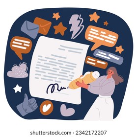 Cartoon vector illustration of Smiling confident caucasian young businesswoman writing signing contract document