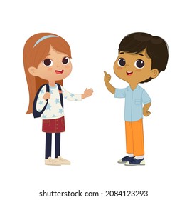 Cartoon vector illustration of the smiling cute boy and girl pointing at a bubble with place for text. Preschool children boy and girl. School kids illustration isolated on white background..