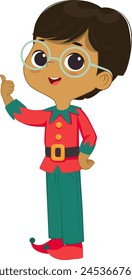 Cartoon vector illustration of the smiling cute elf Boy pointing at a bubble with place for text. Preschool child boy. School kids illustration isolated on white background..