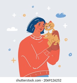 Cartoon vector illustration of smiling girl and her cat