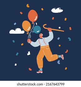 Dibujo vectorial de un hombre mayor feliz y sonriente con globos de aire saltan y feliz sobre un fondo oscuro