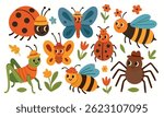Cartoon vector illustration of smiling insects with hats, including bees, butterflies, ladybugs, spider, and grasshopper. Bright color palette, simple flat shapes, isolated on light background