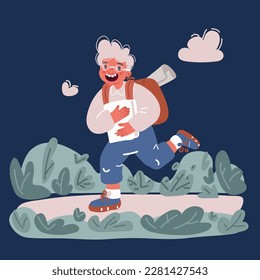 Cartoon vector illustration Smiling little boy run to the school over dark background
