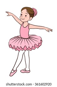 Cartoon vector illustration of a smiling little Caucasian ballerina girl wearing pink leotard, tutu and ballet slippers, standing gracefully with arms apart and pointed left foot