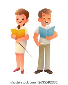 Cartoon vector illustration of a smiling male and female teacher standing with book and pointer. Teaching lesson on literacy, reading, and education in a school or college. Vector isolated clipart.