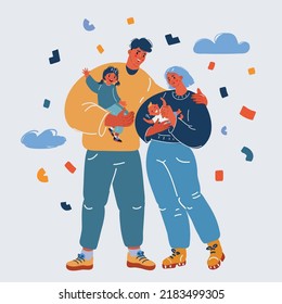 Cartoon vector illustration of Smiling mother and father holding their newborn baby and daughter.