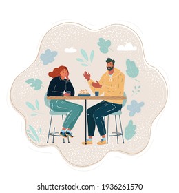 Cartoon vector illustration of Smiling people talk together in cafe.