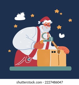 Cartoon vector illustration of Smiling santa claus carrying cardboard boxes over dark background