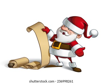 Cartoon vector illustration of a smiling Santa Claus holding a scroll with the gift list.