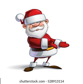 Cartoon vector illustration of a smiling Santa Claus presenting while looking at you having an inviting expression. Lines, Shadow, Lights, Color & Drop Shadow on separate groups for easy editing.