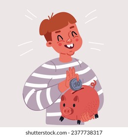 Cartoon vector illustration of Smiling teenage boy kid holding piggy bank putting coin money into it. Saving money. Finance saving economy.