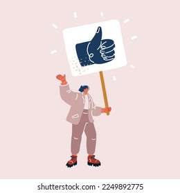 Cartoon vector illustration of Smiling woman holding banner with thumb up symbol on it