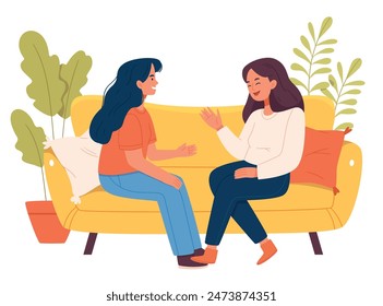 Cartoon vector illustration of Smiling woman friends. Happy female laughing and gossiping sit on comfortable couch. People spending time together having friendly conversation