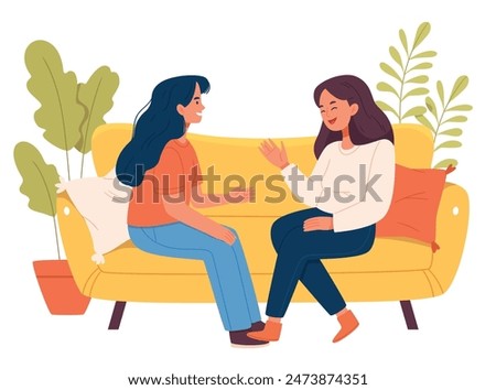 Cartoon vector illustration of Smiling woman friends. Happy female laughing and gossiping sit on comfortable couch. People spending time together having friendly conversation