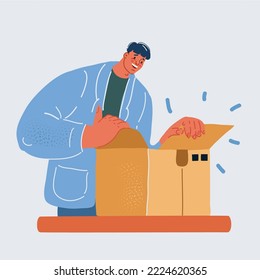 Cartoon vector illustration of Smiling young man unpacking carton box with long-awaited purchased item. Client satisfied with fast delivery service, unboxing order from internet store.