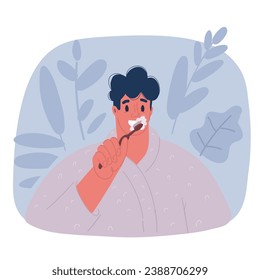 Cartoon vector illustration of Smiling young man brushing teeth with toothbrush in morning. Happy guy do oral care daily routine in bathroom. Good habit.