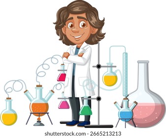 Ilustración vectorial de dibujos animados de un joven científico sonriente en una bata de laboratorio blanca que realiza experimentos con cristalería colorida y reacciones químicas