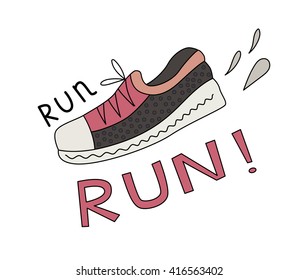 Cartoon vector illustration of a sneaker, splashes and Run lettering.