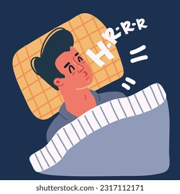 Cartoon vector illustration of Snoring man lying in the bed, snores loudly deep sleep. Male person catching some zzz's. Sleep apnea, snoring, Assleep over dark background