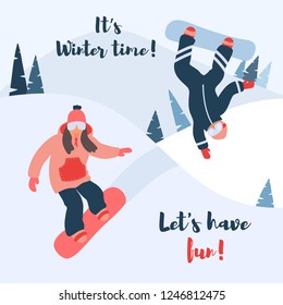 Cartoon vector illustration of snowboard. Couple of snowboarders in the mountains. Active winter sport.