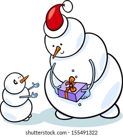 Cartoon Vector Illustration of Snowman as Santa Claus Character giving Christmas Present or Gift to Little One