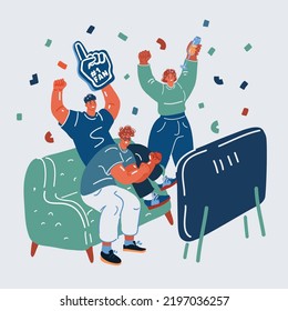 Cartoon vector illustration of Soccer fans and friends watching tv on couch. Football match supporting people. Football fan watch game match on tv