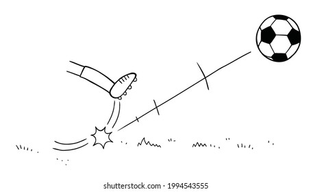 Cartoon vector illustration of soccer player who shoots the ball on the field. Black outlined and white colored.