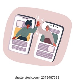 Cartoon vector illustration of social distancing, high five, phones. Two people giving each other high five through screens.