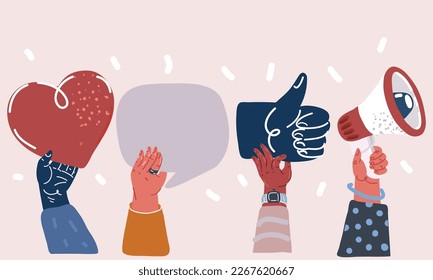 Cartoon vector illustration of social media icons. Digital marketing symbols. Like button, speech bubble, megaphone and heart symbol in human hands