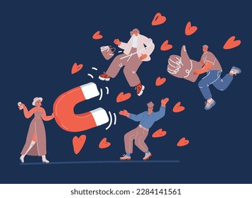 Cartoon vector illustration of Social media marketing and target audience concept. Women attract new followers with shes big magnet over dark backround