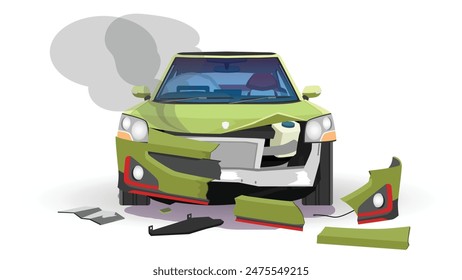 Cartoon Vector or illustration of soft green car view from front car. front bumper is broken. Smoke billowed from the front of the car. Oil spilled onto the ground. Isolated white background.