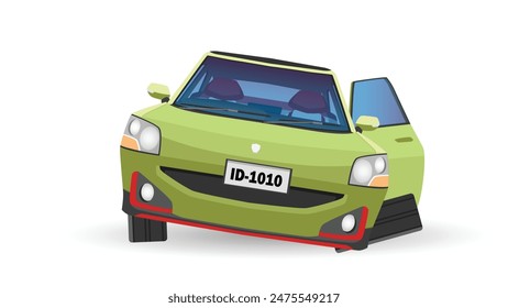 Vector de dibujos animados o ilustración de la vista verde suave del coche desde el coche delantero. las ruedas se desprendieron hasta que el coche se inclinó de lado y la puerta se abrió. Fondo blanco aislado.