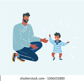 Cartoon vector illustration of son crawling in her father's hands. Little toddler try to walk. Human character on white background.