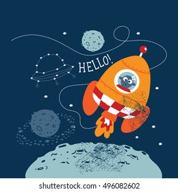 Cartoon vector illustration of space for children.Hand drawn. Astronaut and aliens have a little chat at space.