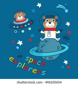 Cartoon vector illustration of space for children.Hand drawn. Astronaut and aliens have a little chat at space.