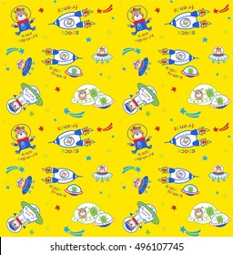 Cartoon vector illustration of space for children.Hand drawn. Astronaut and aliens have a little chat at space.