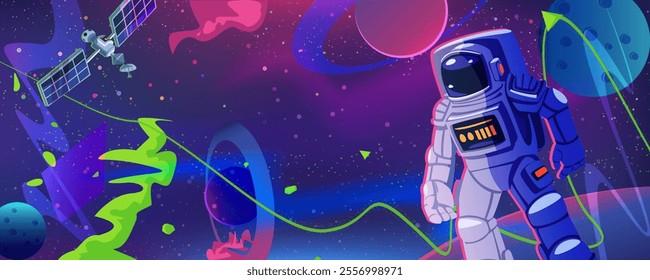 Cartoon vector illustration of space exploration featuring a satellite, comets, a cheerful astronaut, and a starry sky with a misty cosmic background. A playful take on science and the wonders of the 