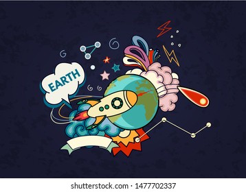 Cartoon vector illustration of space. Moon, planet, rocket, earth, cosmonaut, comet, universe. Classification, milky way. Hand drawn. Abstract. Comics.
