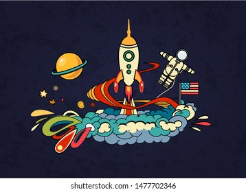 Cartoon vector illustration of space. Moon, planet, rocket, earth, cosmonaut, comet, universe. Classification, milky way. Hand drawn. Abstract. Comics.
