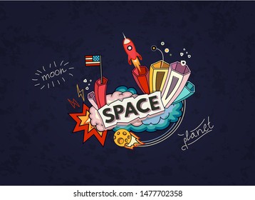 Cartoon vector illustration of space. Moon, planet, rocket, earth, cosmonaut, comet, universe. Classification, milky way. Hand drawn. Abstract. Comics.
