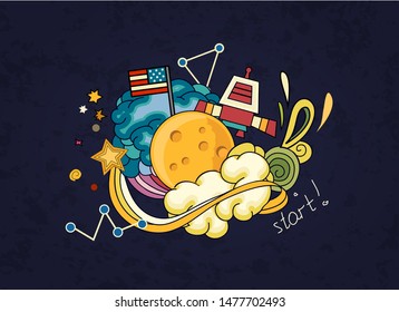 Cartoon vector illustration of space. Moon, planet, rocket, earth, cosmonaut, comet, universe. Classification, milky way. Hand drawn. Abstract. Comics.
