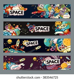 Cartoon vector illustration of space. Moon, planet, rocket, earth, cosmonaut, comet, universe. Classification, milky way. Hand drawn. Abstract