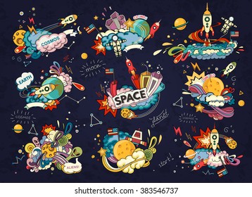 Cartoon vector illustration of space. Moon, planet, rocket, earth, cosmonaut, comet, universe. Classification, milky way. Hand drawn. Abstract