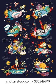 Cartoon vector illustration of space. Moon, planet, rocket, earth, cosmonaut, comet, universe. Classification, milky way. Hand drawn. Abstract