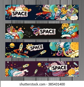 Cartoon vector illustration of space. Moon, planet, rocket, earth, cosmonaut, comet, universe. Classification, milky way. Hand drawn. Abstract