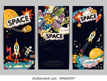 Cartoon vector illustration of space. Moon, planet, rocket, earth, cosmonaut, comet, universe. Classification, milky way. Hand drawn. Abstract