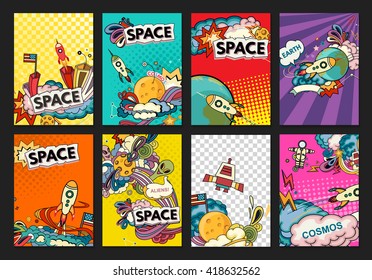 Cartoon vector illustration of space. Moon, planet, rocket, earth, cosmonaut, comet, universe. Classification, milky way. Hand drawn. Comics cosmos.